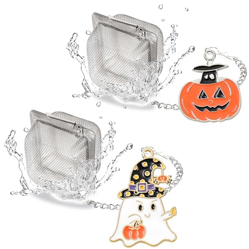 PUSCOBSY Cube Tea Infuser Set, 2 PCS Tea Strainers for Loose Tea, Halloween Theme Charm Pendant Tea Steeper, Tea Ball with Pumpkin & Ghost Pendant