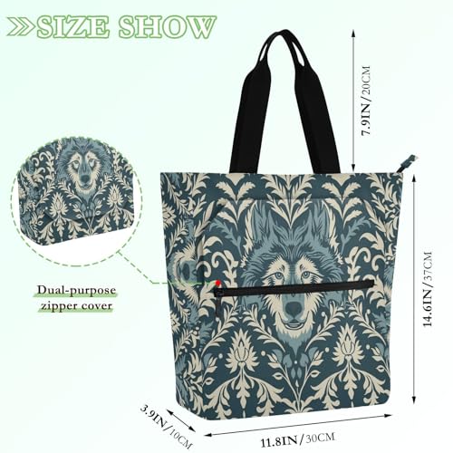 Cute Book Tote Bag for Kids Students Adults, William Morris Style Design Wolf Teal Sturdy Library Shoulder Bag Handbag with Zipper for School Work Travel2