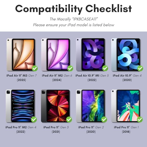 Macally iPad Air 11 Inch Case with Keyboard (M3,2025/M2,2024/2022/2020), iPad Pro 11 (M3 and Below) with Trackpad, Multi Angle View, Backlit Apple Pencil Holder【NOT for Pro 11 M4】
