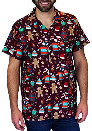 KING KAMEHA Men's Ugly-Christmas-Shirts Funky Short-Sleeve Button-Up Ginger-Bread Print Casual