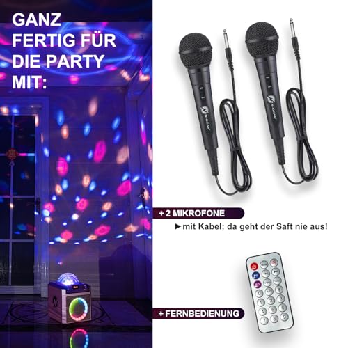N-GEAR Block Party 602 Karaoke Maschine und Musikbox Kinder – 100 Watt, 6 Stunden Akku, Party Discokugel Licht, Bluetooth, USB/SD MP3, 2 Mikrofon Kinder – Partybox & Karaoke Anlage mit 2 Mikrofonen