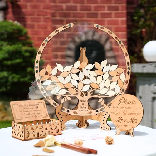 Image of Green Tree Wedding Guest Book Alternative with Signing Leaves Drop Box | Personalized rustic sage wooden frame guestbook set with stand and marker for wedding reception, bridal shower decor
