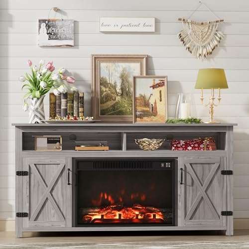Furmax Farmhouse Fireplace TV Stand for TVs Up to 65 Inch Highboy Entertainment Center with Open Storage and Side Cabinets Rustic Media Console Table with Barn Doors for Living Room (Grey Wash)