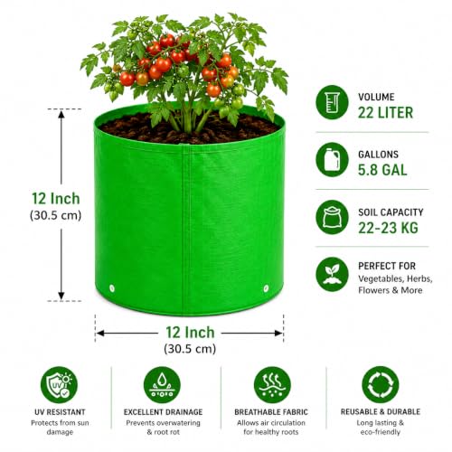 Image of Grow Bags for Terrace Gardening, Premium HDPE Green-Orange Large Planters for Fruit Trees, Vegetables, Flowers & Home Garden Pack of 1(12x12)