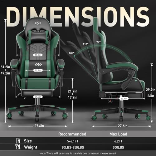 HLDIRECT Gaming Chair, Ergonomic Video Game Seat with 360° Swivel & Lumbar Massage, Computer Chair PU Leather Cushion for Adults Home/Office Use (Black & Green) - Image 4