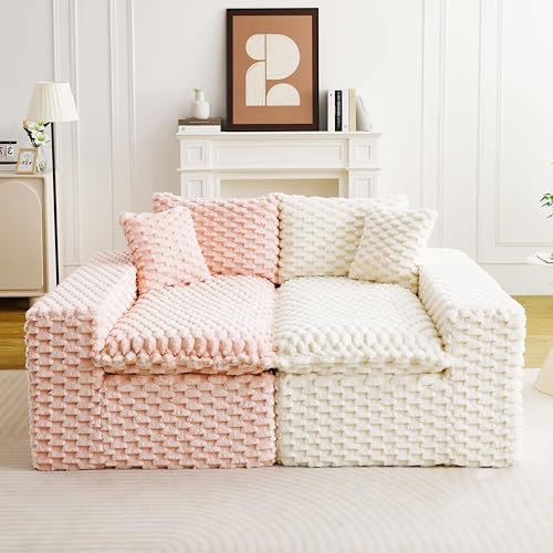 Image of KEIKI 120 inch Modular Boneless Couch Full Chaise for Living Room, 4-Seater Sectional Couches for Living Room Furniture, Deep Seat Oversized Cloud Sofa for Home Office Furniture Pet Friendly, Pink White