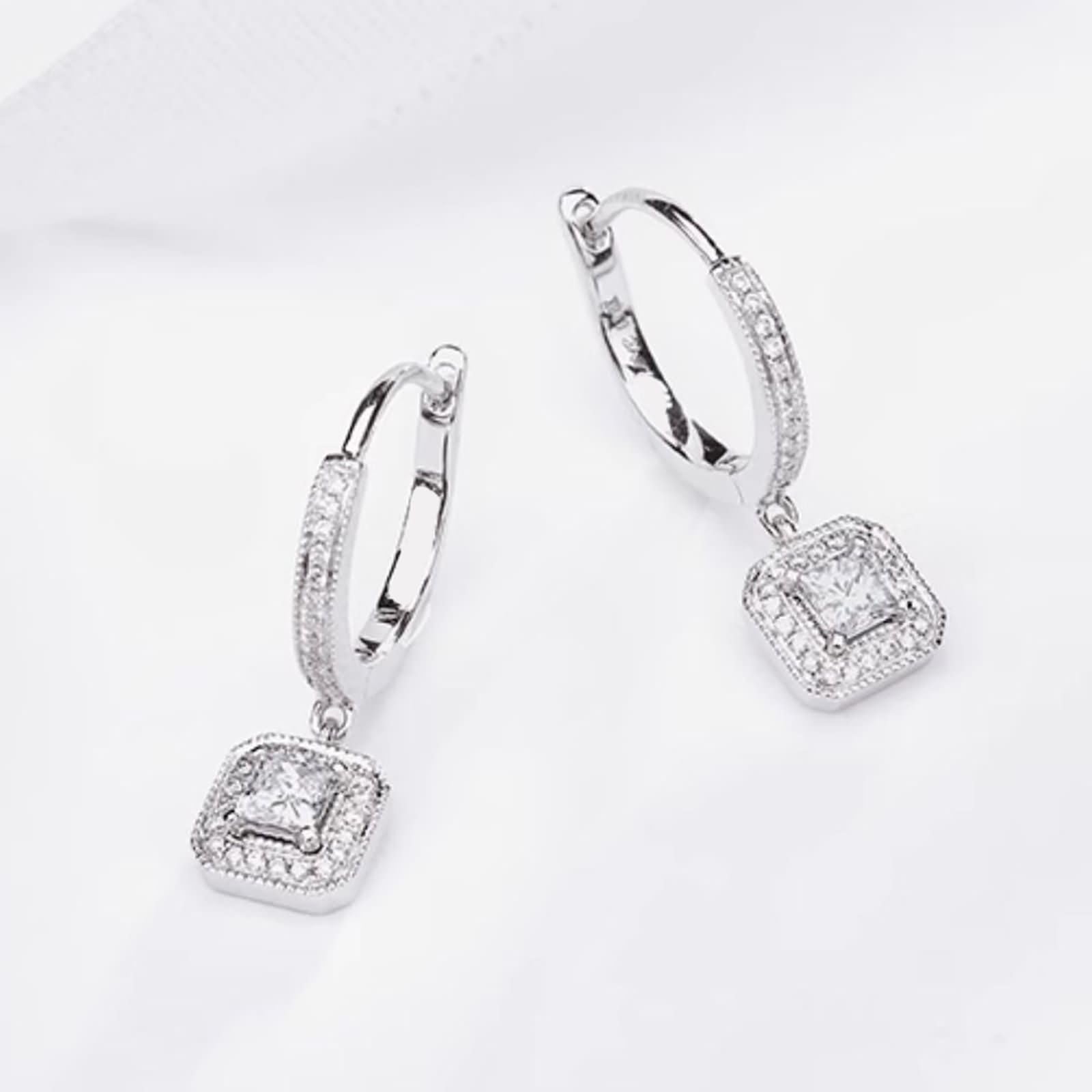 Orecchini Matrimonio Oro Bianco Donna 9 K / 14 K / 18 Kt, Quadrato con Moissanite, Cerchi Donna Orecchini Matrimonio Argento