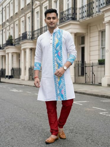 Image of Men's Jamdani Printed Kurta Pajama Set | Pure Cotton Ethnic Kurta with Mandarin Collar & Dupion Silk Pyjama | Festive & Weddings 303A12A 303SB12B(M XXL)