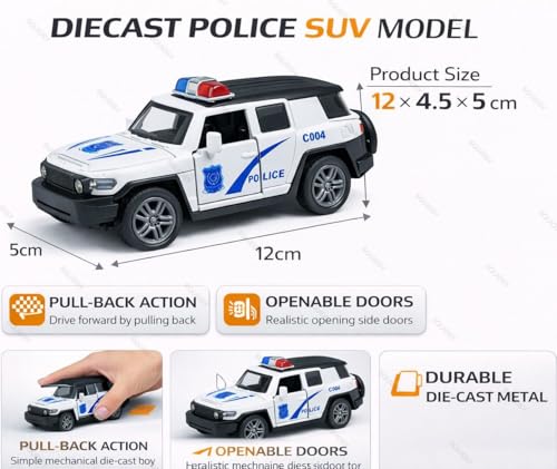 Image of 1:36 Scale Miniature Indian Police Car Model - Die-Cast Metal Pull Back Vehicle with Openable Doors - Alloy Police Toy Car for Kids, Boys & Collectors (White)