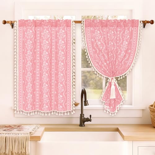 Image of Yinhua Boho Kitchen Curtains 36 Inch Length Vintage Linen Cafe Curtains Light Filtering Bohemian Floral Tier Rod Pocket Farmhouse Rustic Tassel Small Drapes with Tiebacks, 2 Panels, Pink