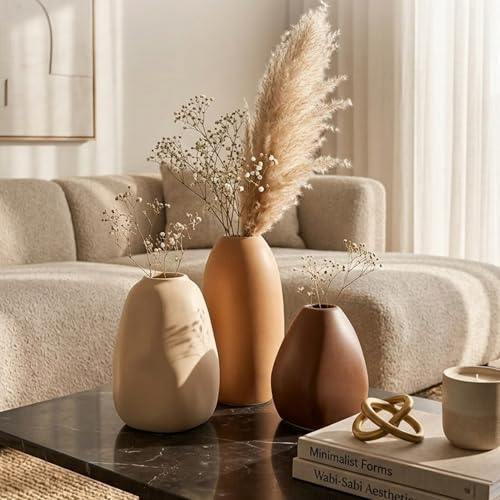 Image of KREATIVE ART'S Handmade Ceramic Bud Vase Set of 3 for Pampas Grass & Dried Flowers - Matte Minimalist Vases for Living Room, Dining Table, Office Decor | Housewarming Gift, Cream /Terracotta /Brown