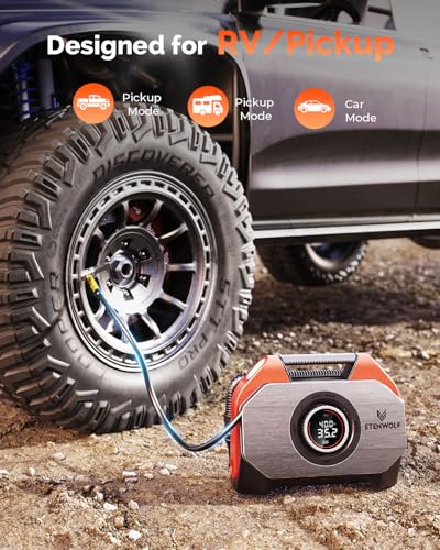 ETENWOLF VORTEX S6 Tire Inflator Portable Air Compressor for Heavy-duty Vehicle, Cordless Air Pump for Car & Inflatables with 19200 mAh Battery, 100% Duty Cycle & Dual Cylinder Bike Pump, Vivid Orange - Thumbnail 3
