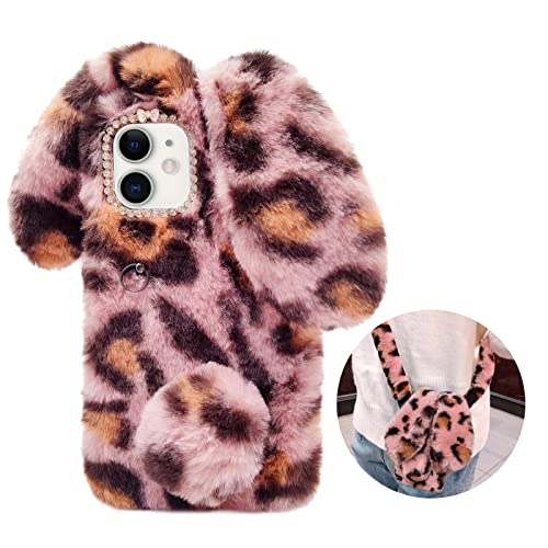 Omorro Compatible With Iphone 12 Case For Women Girls Plush Rabbit Case Soft Warm Fluffy Furry Bunny Ear Fur Case With Crossbody Neck Chain Protective Bling Crystal Diamond Leopard Case #TOP6