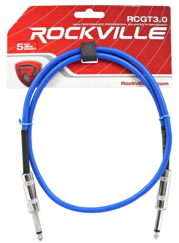 Rockville RCGT3BL 3' 1/4'' TS to 1/4'' TS Instrument Cable-Blue 100% Copper