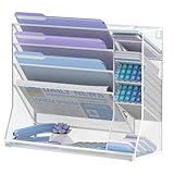 JMHUD Wall File Organizer, 5-Tier Desk Organizer with 4 Pen Slots, Hanging Wall File Folder Holder with R-shaped Bottom Tray, Mesh Versatile Mail Holder Desk Organization for Office, White