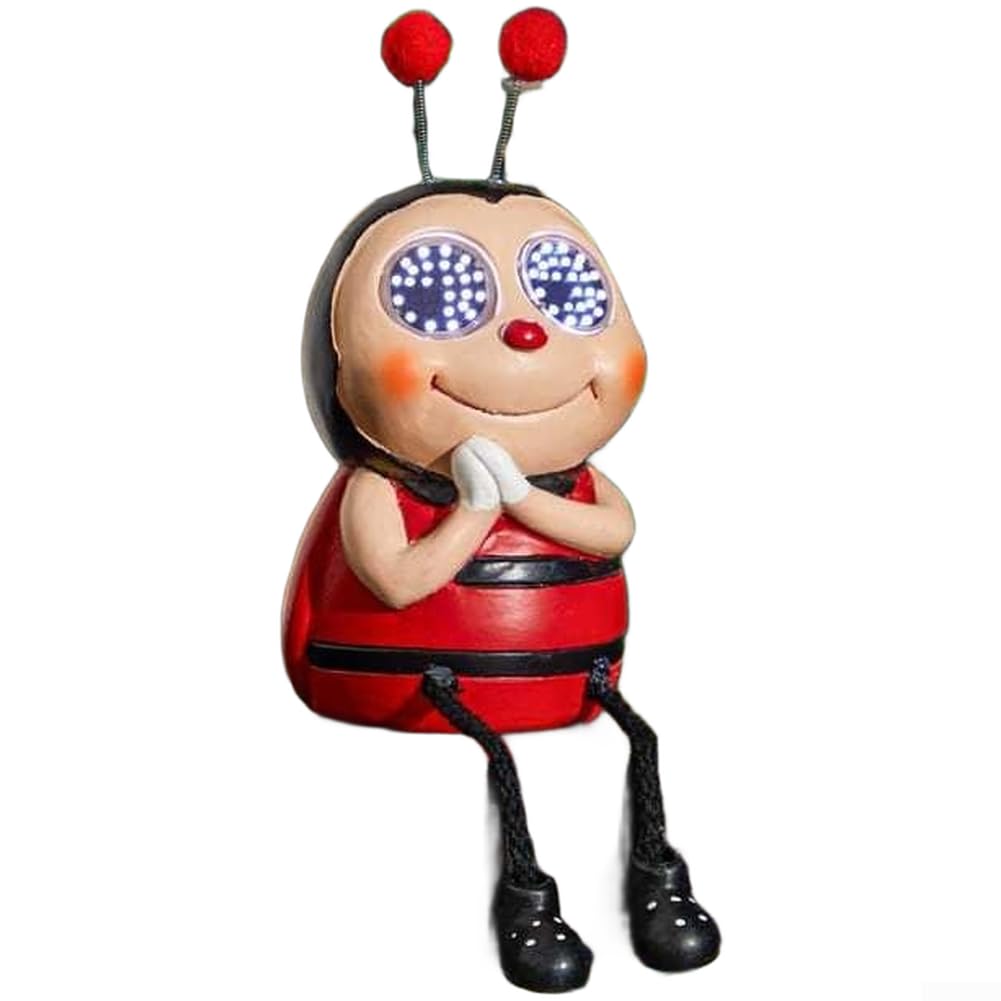 Solar Ed Ladybug Bee Garden Decor For Animated Eyes, Resin LED Light Figurine For Outdoor Patio Yard Lawn Decoration, Weather Resistant Ornament(Red Ladybug Style)