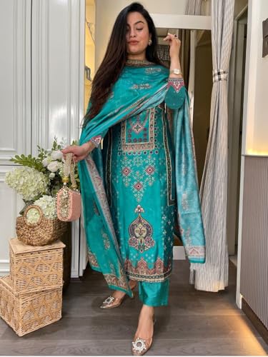 Image of ANNI Designer Women's Pure Cotton Kurta Set | 3 Piece Ethnic Suit Set with Pant & Dupatta | Festive Kurti Set for Women
