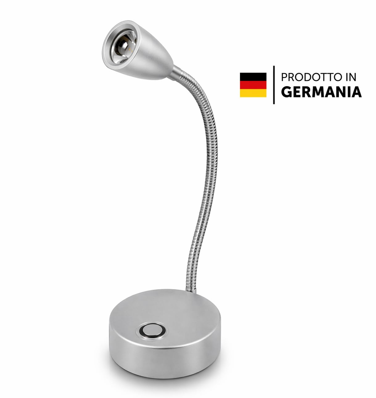 Generico Lampada LED Flessibile con Touch 1,2W, Braccio Orientabile 30 cm, Luce da Lettura per Comodino e Scrivania, Base 90 mm, Alluminio Opaco, IP20, Prodotta in Germania
