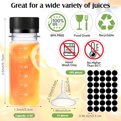 Roshtia 100 Pcs 2 oz Plastic Bottle with Caps for Liquids Small Clear Ginger Shots Bottles with Scale Reusable Mini Jars with Lids and 15 Pcs Funnel 3 Labels for Juice Sauce Bulk Portable Travel2