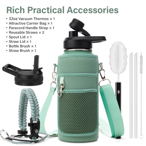 Insulated Water Bottle | Thickened Stainless Steel Vacuum Metal | Portable Sports Water Jug for Gym and Hiking with Straw, Carrier Bag, Handle Strap | BPA-Free 32 oz
