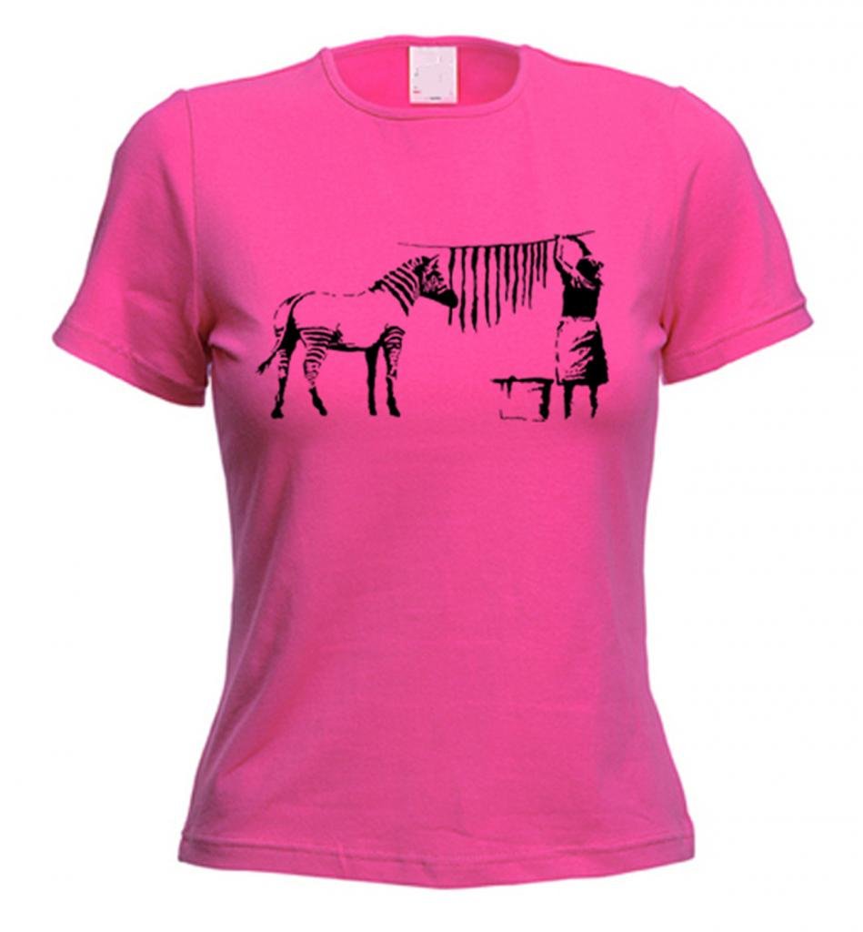 Tribal T-Shirts Women's Hot Pink Banksy Washing And Hanging Out Zebra Stripes T Shirt (Medium, )