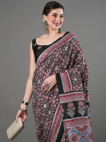 Image of AKHILAM Women's Ajrak Block Print Soft Dola Silk Saree With Unstitched Blouse Piece