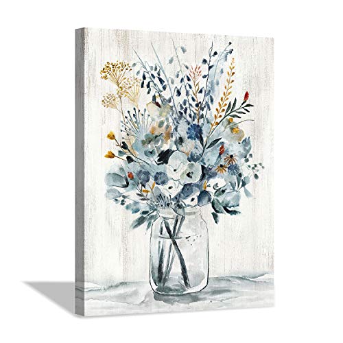 Abstract Flower Print Wall Art: Botanical Flower Bouquet in Crystal Vase Picture Picture on Wrapped Canvas for Dining Room (12