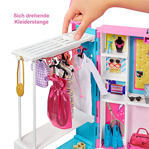 Barbie GBK10 - Traum Kleiderschrank mit Blonder Puppe, +25 Zubehörteilen, 60 cm, +10 Aufbewahrungsbereiche, Ganzkörperspiegel, Tisch, Kleiderstange, 4 Outfits, Geschenk für Kinder von 3 bis 7 Jahren
