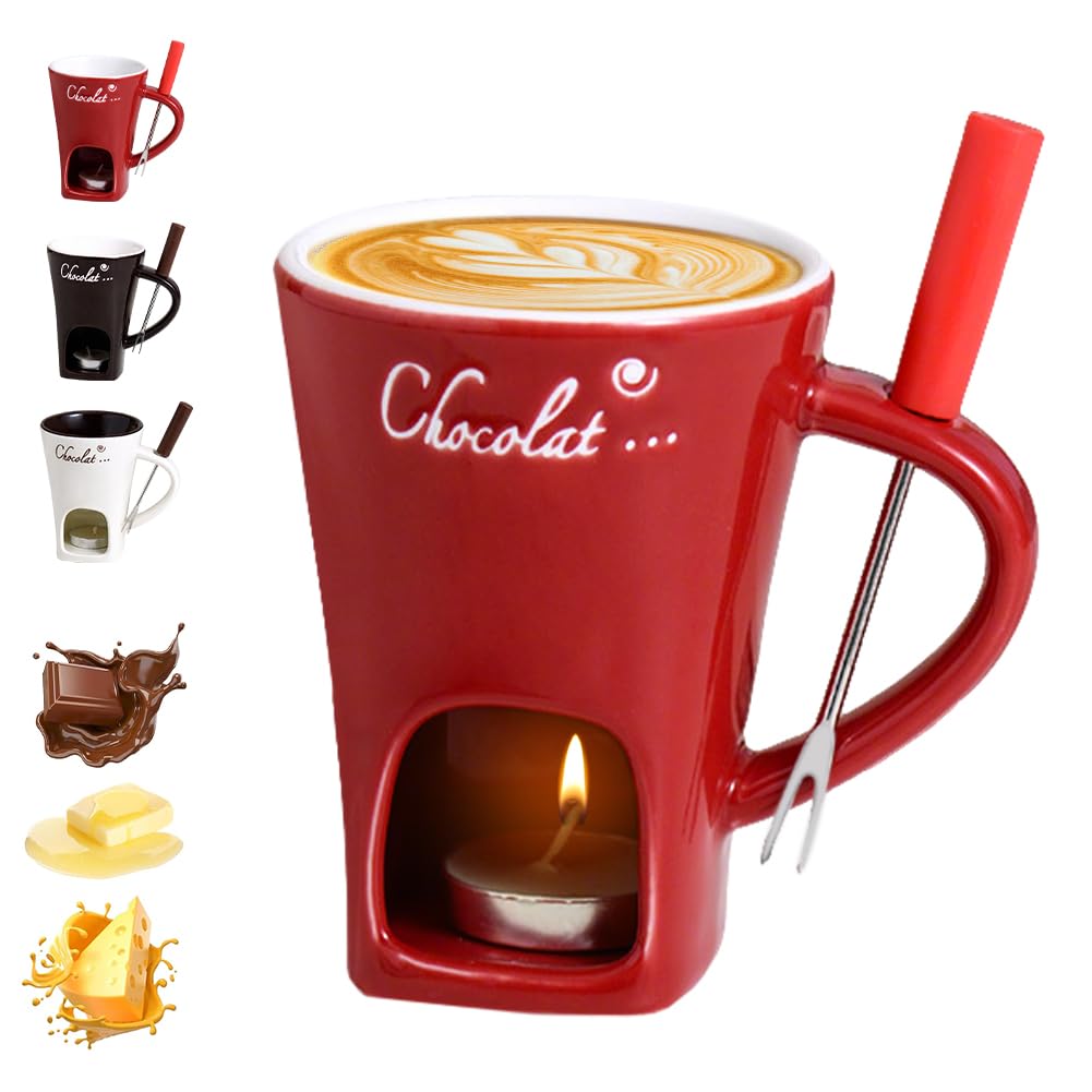 Chocolate Fondue Mug with Forks, Chocolate Melting Cup, Ceramic Butter Warmers Pot Set, Personal Cheese Melting Cup, Fondue Heated with a Tealight, Warmer Mug for Candy Snack Caramel Party (Red)