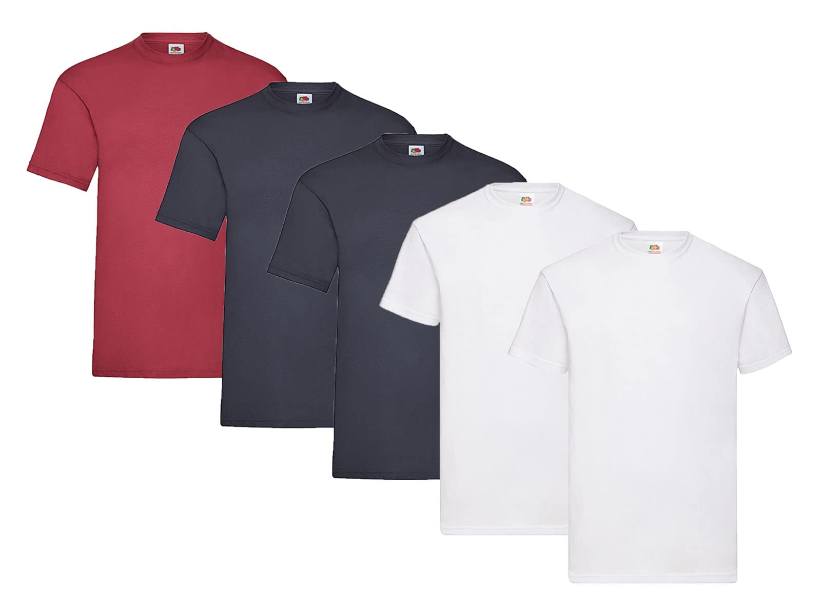Fruit of the Loom Pack of 5 value weight T-shirts, 2 x white + 2 x deep navy + 1 x dark red + 1 Hl purchase notepad, L