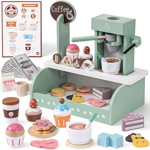 Toyssa Wooden Coffee Maker Playset for Kids 3 4 5, Pretend Play Food Toys for Toddlers with Dessert & Menu, Wooden Toys Play Kitchen Accessories Christmas Birthday Gift for Kids Girls Boys 3 4 5 6 Cover