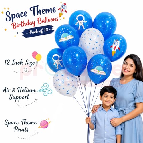 Image of Propsicle Space Theme Printed Latex Balloons 12 Inch, Blue Astronaut Rocket UFO Design for Kids Birthday Decoration, Supports Air and Helium - Pack of 10