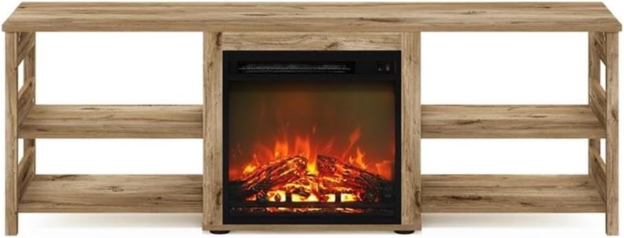 Pemberly Row Classic 70-Inch TV Stand with Fireplace, Flagstaff Oak Finish, Modern Design, Electric Fireplace Heating Up to 400 Sq. Ft., Shelves with Cable Management for Living Room TV Storage