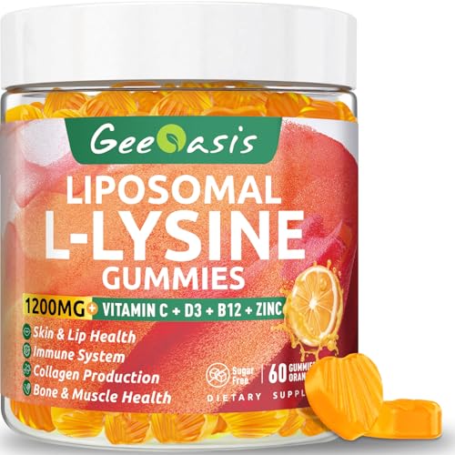 Liposomal L-lysine Gummies 1200mg Lysine Chewable Supplement with Vitamin C D3 B12 & Zinc for Adults & Kids Immune & Collagen Support Lips & Skin Health Vegan Natural Fruit Flavor 60CT