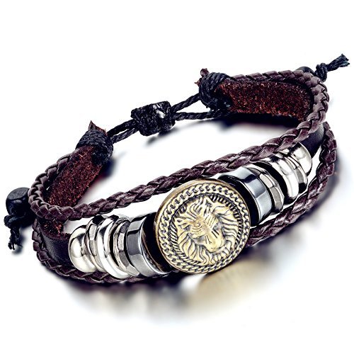 Flongo 2Pcs Men's Women's Alloy Black & Brown Leather Bracelet Bangle Cuff Bronze Lion Head Surfer Wrap Braided Biker Adjustable Fit 8~11 Inch #TOP1