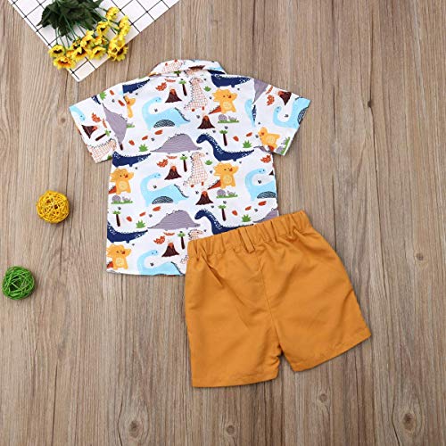 VISGOGO Toddler Baby Boy Flamingo Short Sleeve Button Down Shirt & Casual Shorts Set Summer Outfits 1-6 Years Clothes (Dinosaur, 1-2T)