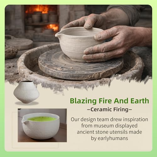 Image of Japanese Tea Set (7pcs) - Matcha Bowl With Pouring Spout, Bamboo Whisk (Chasen), Scoop (Chashaku), Whisk Holder, Tea Making Kit. N3, Lt. Grey