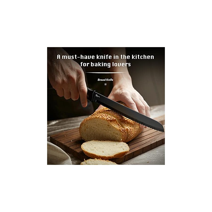 Randalfy Kitchen Knife Set with Block, 7 Pieces Chef Knives, Scissor, for Meat/Vegetables/Fruits Chopping, Slicing, Dicing&Cutting