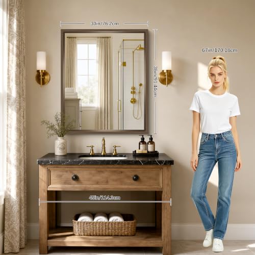 Image of Bathroom Mirror, 30 x 36 inch Walnut Wood Grain Colored Aluminum Metal Frame Bathroom Vanity Mirror, Rectangle Wall Mirror for Bedroom Living Room, Tempered Glass, Horizontal or Vertical