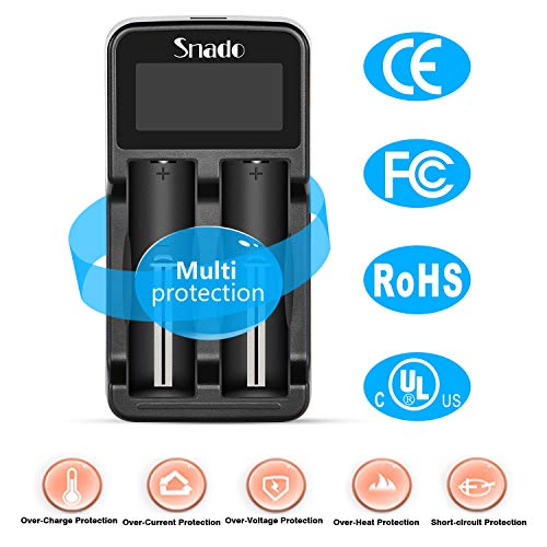 Snado - Caricabatteria universale con schermo LCD, per batterie ricaricabili 1.2V Ni-MH/Ni-Cd 3.6V/3.7V Li-ion/IMR/INR/ICR, 18650, 18500, 18490, 18350, 17670, 17500, 16340, (RCR123), 14500, AA, AAA.