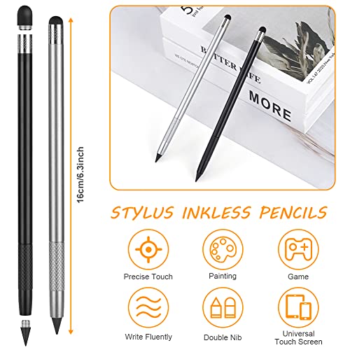 Image of AUAUY 2 In 1 Metal Inkless Stylus Pencil, Infinity & Everlasting, Premium Metal For Touch Screens, With 2 Graphite Nib And 2 Silicone Tip, For Writing & Drawing (2PCS - Black & Silver)
