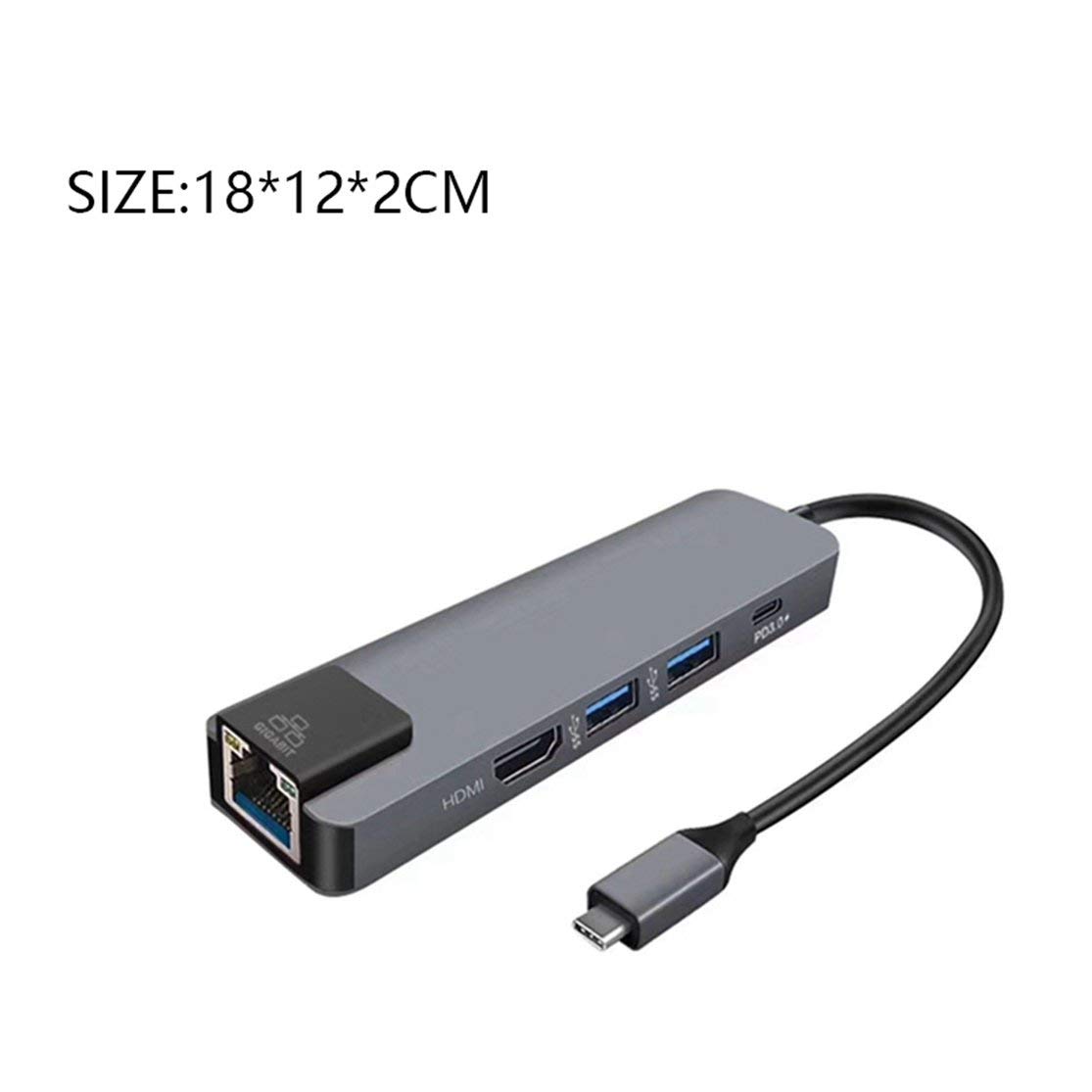 5 w 1 wielofunkcyjny hub USB typu C Hdmi 4K USB C hub do Gigabit Ethernet Rj45 Lan adapter 3 ładowarka USB-C; szary Candybarbar