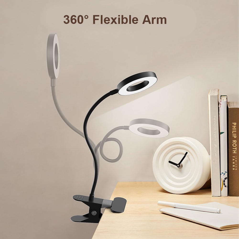 LED Desk Lamp Clip on Light with 3 Color Modes 10 Brightness Ring/Clamp Light 360° Adjustable Neck Dimmable Eye Protection Desk Lamps for Home Office