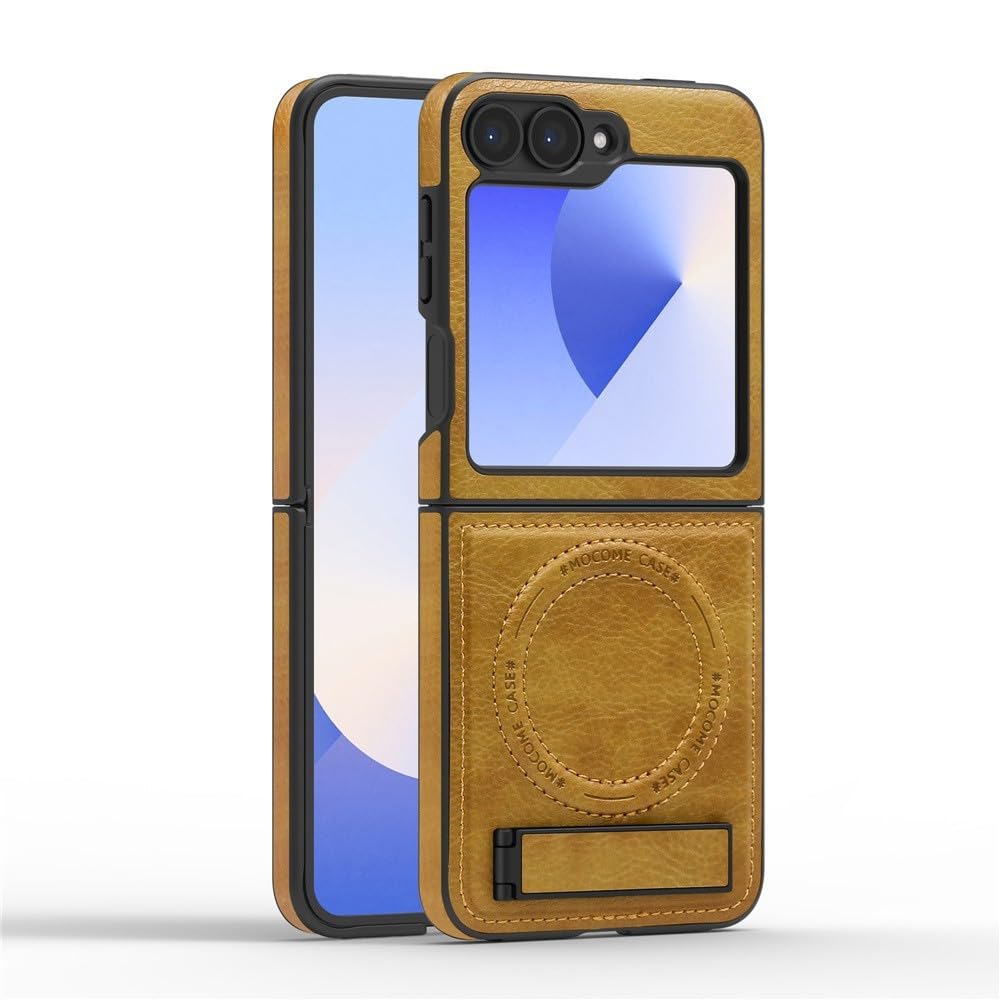 Étui Galaxy Z Flip 6 cuir marron anti-rayure avec clapet magnétique rigide - 7