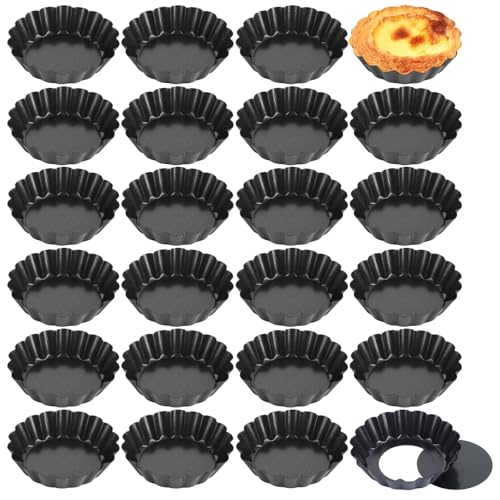 LOLYSIC 24 mini latas para tartaletas, lata pequeña de 3 pulgadas, mini latas antiadherentes para flan con parte inferior extraíble, molde individual de acero al carbono para tartas, molde de tarta de