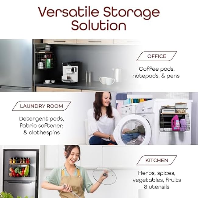 Set of 2 Magnetic Fridge Shelves, Black Metal & Light Oak Wood. Sleek Magnetic Rack Organizer for Spices, Condiments, Veggies, & More. Minimalist Magnetic Fridge Shelf, Storage Bin Basket.