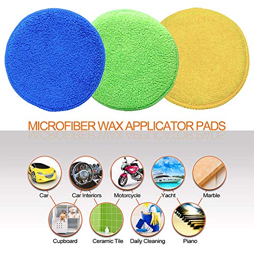 KKTICK 16 Pcs Microfibre Hand Polishing Sponge Set, Car Wax Applicator Pads, Soft Car Polishing Pad, for Waxes, Polishes, Paint Cleaner, with Handle (Yellow, Green and Blue - 15Pcs)