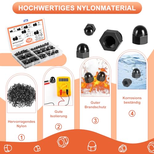Hutmuttern Hohe Form Set 185stk M3/M4/M5/M6/M8/M10/M12 Sechskant Hutmuttern Verzinkt Hutmutter Korrosionsbeständigkeit Kuppelmuttern Hutmuttern für Möbel Fahrzeugbefestigungen(Schwarz/Nylon)