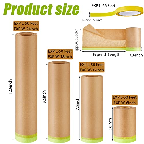 8 Rolls Tape And Drape And Masking Tape Sets Includes 6 Assorted Sizes Paint Masking Paper And 2 Vehicles Auto Body Paint Tape Yellow Adhesive Painter Tape Automotive Tape For Car, Furniture, Floor #TOP1