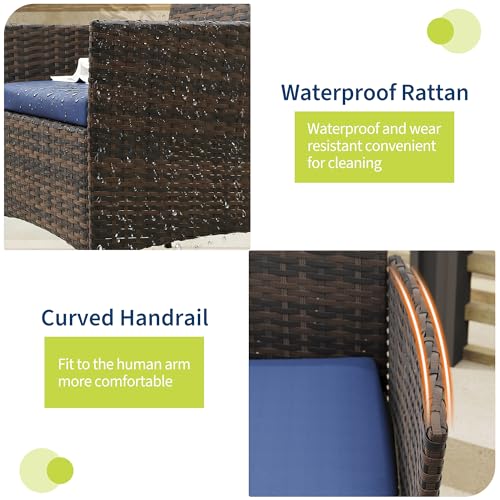 Image of GAOMON 3-Piece Patio Furniture Set, Modern PE Rattan Conversation Set with 2 Chairs & Tempered Glass Coffee Table, All-Weather Outdoor Seating for Garden, Porch, Balcony, Poolside, Brown /Navy Blue